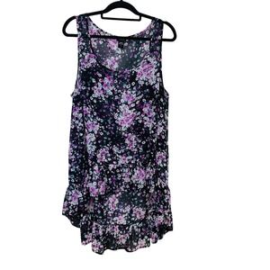 Torrid Sleeveless Top 2X Black Purple Floral Ruffle HI Low Scoop Neck Long Line